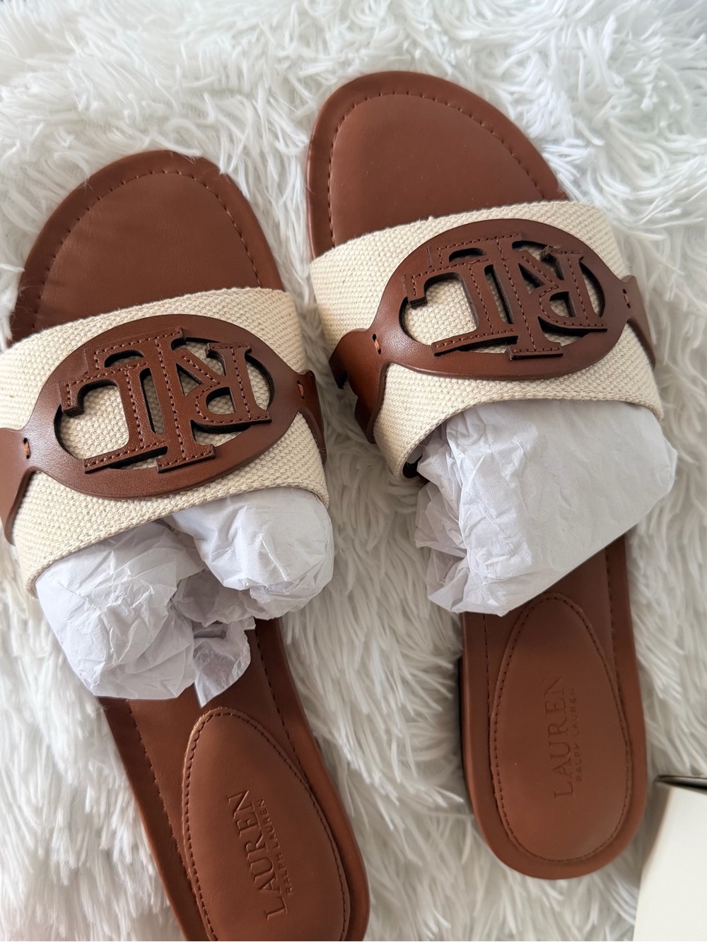 Lauren Ralph Lauren Tan Leather & Cream Canvas Logo Slide Sandals